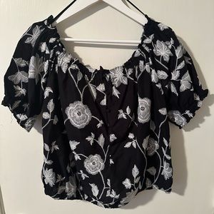Black and White Floral Off Shoulder Cropped Top